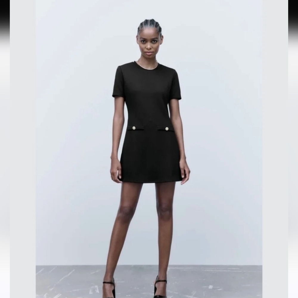 Zara Black Short Sleeve Mini Dress with Decorative Gold Buttons Size L